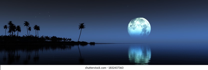 Tropical coast with palm trees at night under the moon, beautiful lunar landscape on the sea, 3d rendering