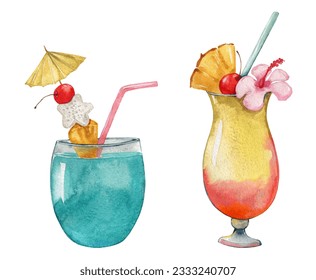 Tropical cocktail with exotic fruit in glass, blue hawaiian, pinot colada, margarita, blue lagoon. Watercolor summer frozen drink, beverage, wine slushy. Healthy dessert, fresh fruit, menu - Powered by Shutterstock