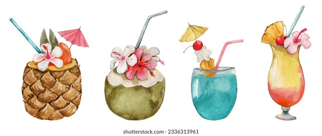 Tropical cocktail with exotic fruit in glass, blue hawaiian, pinot colada, margarita, blue lagoon. Watercolor summer frozen drink, beverage, wine slushy. Healthy dessert, fresh fruit, menu - Powered by Shutterstock