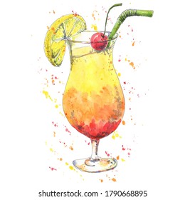 Tropical cocktail hand drawn in watercolor sketch style. Popular alcoholic drink isolated on white background for cafe, bar, restaurant menu, posters design. Bright food illustration. - Powered by Shutterstock