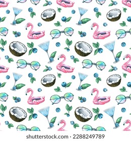 Tropical cocktails, coconuts, pink flamingos, blueberries, sunglasses. Watercolor illustration. Seamless pattern on a white background from the BEACH BAR collection. For fabric, textiles. - Powered by Shutterstock