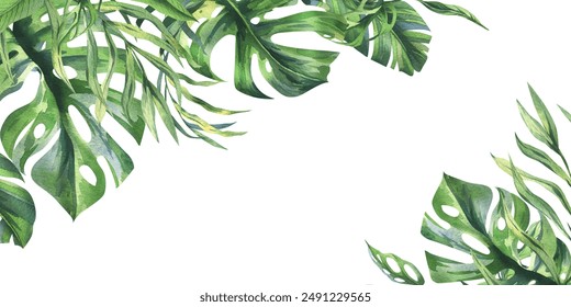 Tropical coconut, banana palm leaves, monstera, monkey mask, frangipani, bright juicy green. Hand drawn watercolor botanical illustration. Frame, template isolated from background - Powered by Shutterstock