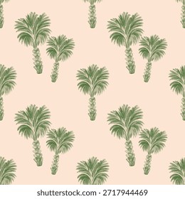 Tropical Coconut Tree Pattern in Light Green
 Hand-drawn coconut palm tree seamless pattern in tropical green tone. Ideal for summer fabric, beachwear, and vacation-themed designs.