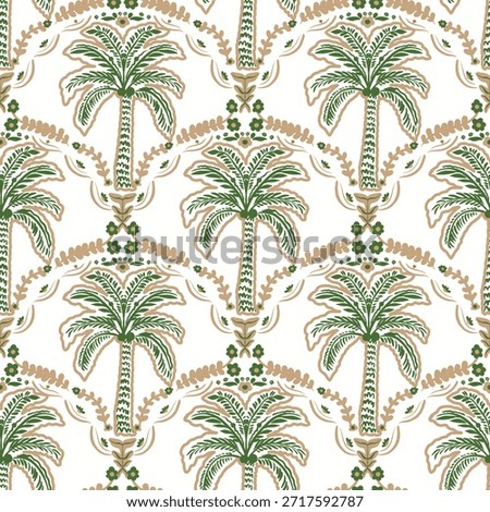 Tropical Coconut Tree Pattern in Light Green
 Hand-drawn coconut palm tree seamless pattern in tropical green tone. Ideal for summer fabric, beachwear, and vacation-themed designs.