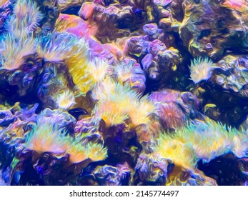 Tropical Coral Growing In A Large Civic Aquarium. Digital Painting Effect, 3D Rendering. For Background Or Element With Motifs Of Marine Environment And Conservation.