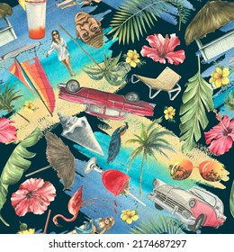 Tropical, Cuban, bright pattern. Seamless on a dark background with cocktails, palm trees, retro cars, pink flamingos, seashells. Watercolor illustration from a large CUBA set