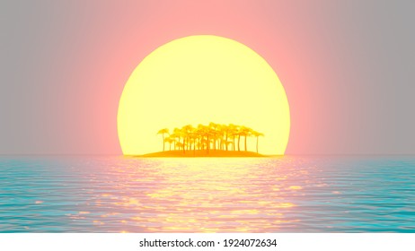 A Tropical Desert Island With Palm Trees In Ocean On Background Of Sunset. 3d Rendering.