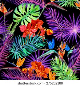 Tropical Design For Fashion: Exotic Leaves And Orchid Flowers In Neon Light. Seamless Pattern. Watercolor