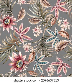Tropical exotic colorful seamless pattern illustration. Passiflora flower element, with lily flowers bouquet, palm leafs, avalia plants on grey background.