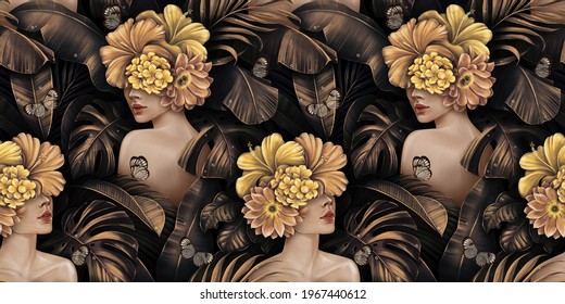 Tropical exotic golden seamless pattern. Beautiful women, hibiscus flowers bouquets, plumeria, monstera, palm, banana leaves, butterflies, jungle. Hand-drawn vintage 3D illustration. Luxury wallpaper