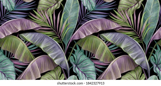 Tropical exotic luxury seamless pattern with color vintage banana leaves, palm and colocasia. Hand-drawn 3D illustration. Good for production wallpapers, wrapping paper, cloth, fabric printing, goods.