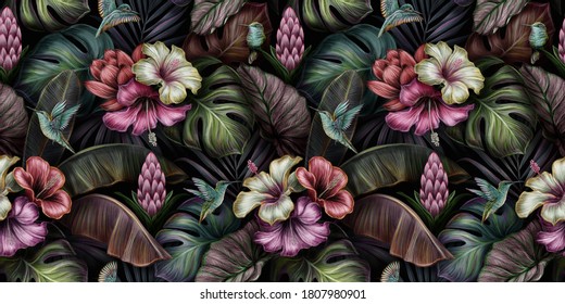 Tropical exotic seamless pattern with birds, monstera, hibiscus, bromeliad, banana leaves, palm, colocasia. Hand-drawn 3D illustration. Good for production wallpapers, cloth, fabric printing, mural