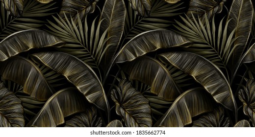 Tropical exotic seamless pattern with dark golden vintage banana leaves, palm and colocasia. Hand-drawn 3D illustration. Good for production wallpapers, cloth, fabric printing, goods.
