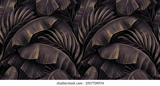 Tropical exotic seamless pattern with golden burgundy banana leaves, palm on night dark background. Premium hand-drawn textured vintage 3D illustration. Good for luxury wallpapers, fabric printing