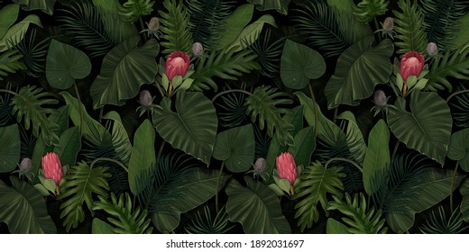 Tropical exotic seamless pattern with protea flowers in tropical leaves. Hand-drawn 3D illustration. Good for design wallpapers, fabric printing, wrapping paper, cloth, notebook covers.