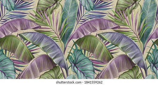 Tropical exotic seamless pattern with vintage banana leaves, palm and colocasia. Hand-drawn 3D illustration. Good for production wallpapers, wrapping paper, cloth, fabric printing, goods.