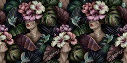 Tropical Exotic Seamless Pattern With Woman, Monstera, Hibiscus, Bromeliad, Banana Leaves, Palm, Colocasia. Hand-drawn 3D Illustration. Good For Production Wallpapers, Cloth And Fabric Printing. 