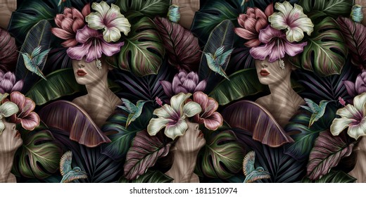 Tropical exotic seamless pattern with woman, monstera, hibiscus, bromeliad, banana leaves, palm, colocasia. Hand-drawn 3D illustration. Good for production wallpapers, cloth and fabric printing. 