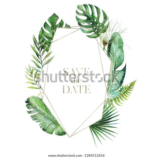 熱帯のエキゾチックな水彩の花柄イラスト 花輪 結婚式の文房具 挨拶 壁紙 ファッション 背景に金色のテクスチャーの幾何学的な形をした枠 ヤシシダの バナナグリーンの葉 のイラスト素材