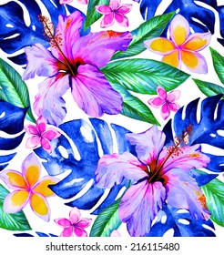 Tropical Fashion Print. Exotic Flowers: Hibiscus, Palm, Frangipani. Seamless Design. 