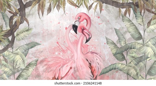 Tropical Flamingo Birds In Large Fern Leaves Among Branches And Flowers, Photo Wallpaper In The Interior Of A House Or A Restaurant