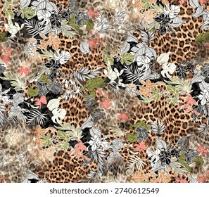 Tropical Floral Leopard Patchwork Seamless Pattern Mixed Print Animal Botanical Textile Design