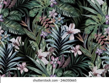 tropical floral print. variety of jungle and island flowers in bouquets in a dark exotic print. allover design, realistic vintage watercolor illustration.