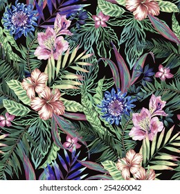 tropical floral print. variety of jungle and island flowers in bouquets in a dark exotic print. allover design, realistic vintage watercolor illustration. muted and faded look. 