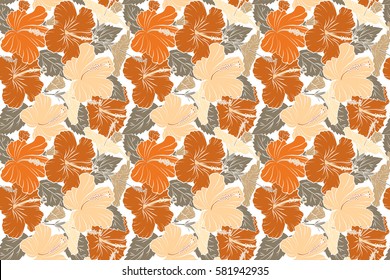 Tropical flowers, hibiscus leaves, hibiscus buds, raster floral pattern on white background in orange and beige colors. Vintage style.