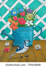 Tropical Flowers On Watering Can And Blue Jay Painting 