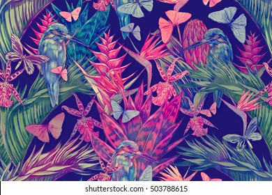 Tropical Flowers, Palm Leaves, Jungle Plants, Cactus, Orchid, Bird Of Paradise Flower, Exotic Birds, Butterflies, Trees Seamless Floral Tropic Pattern, Watercolor Succulent Background