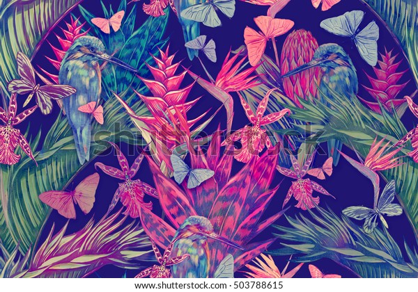Tropical\
flowers, palm leaves, jungle plants, cactus, orchid, bird of\
paradise flower, exotic birds, butterflies, trees seamless floral\
tropic pattern, watercolor succulent\
background