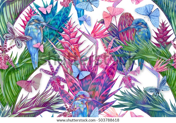 Tropical flowers, palm leaves, jungle plants,\
cactus, orchid, bird of paradise flower, exotic birds, butterflies,\
palm trees seamless floral tropic pattern, watercolor bright\
background