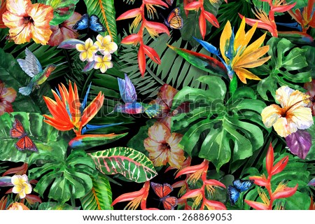 tropical flowers watercolor pattern exotic leaves stock illustration