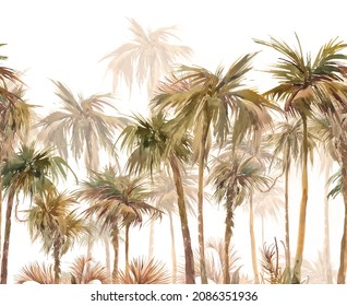 Tropical forest seamless border. Watercolor repeating wallpaper design. Palm trees jungle scene. Hand painted background