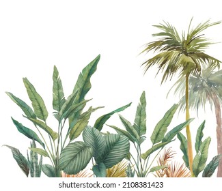 Tropical forest seamless border. Watercolor repeating wallpaper greenery design. Palm trees jungle scene. Hand painted background