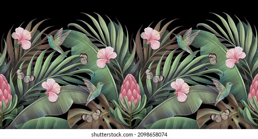 Tropical Green Banana Leaves, Palm, Exotic Flowers, Birds On Dark Background. Seamless Border. Glamorous Pattern. Hand-painted 3D Illustration. Floral Foliage, Jungle. Luxury Wallpaper, Cloth, Mural