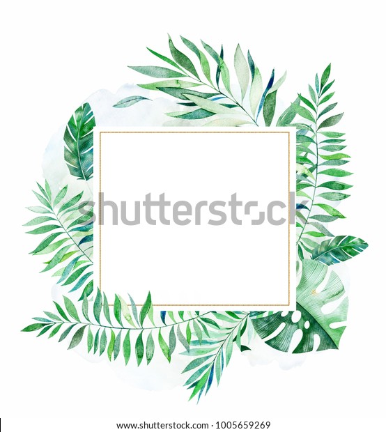 カラフルな熱帯の葉を持つ熱帯の緑の花柄の枠 熱帯のジャングルコレクション 結婚式 フレーム 引用符 パターン グリーティングカード ロゴ 招待状 文字などに最適 のイラスト素材