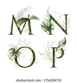 Tropical Green Gold Floral Alphabet Set - letters M, N, O, P with green gold leaves. Collection for wedding invites decoration, birthdays & other concept ideas.