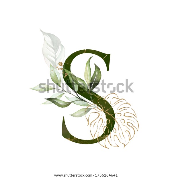 Tropical Green Gold Floral Alphabet -\
letter S with green gold leaves. Collection for wedding invites\
decoration, birthdays & other concept\
ideas.