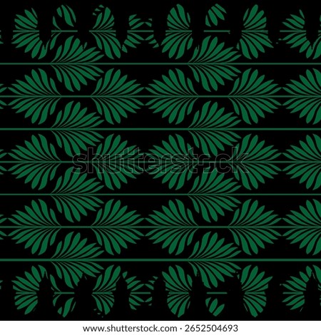  Tropical green palm leaf pattern on black background. Seamless botanical design with exotic foliage, horizontal alignment. Natural jungle aesthetic.