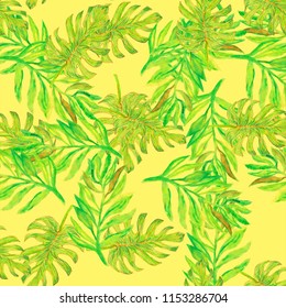 green palm leaves on the white background tropical watercolor