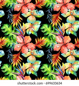 Seamless Pattern Tropical Fruits Palm Leaves Stock Vector (Royalty Free ...