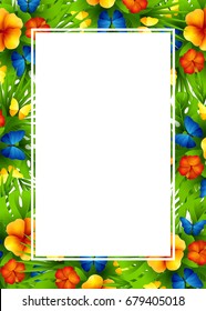 Tropical hawaiian background with jungle palm tree leaves, exotic flowers and rainbow butterflies. Vertical invitation banners with hibiscus floral decorations and copy space