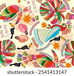 Tropical illustration with birds and coconut trees to print women