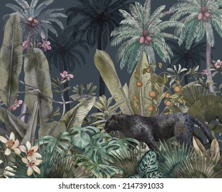 Tropical Illustration With Black Panther In The Jungle Painted In Watercolor. Background With Tropical Leaves And Wild Cat. Landscape With Palm Trees