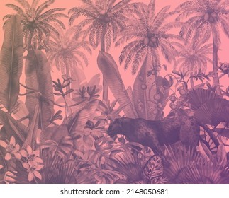 Tropical Illustration With Black Panther In The Jungle Painted In Watercolor. Background With Tropical Leaves And Wild Cat. Landscape With Palm Trees