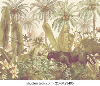 Tropical Illustration With Black Panther In The Jungle Painted In Watercolor. Background With Tropical Leaves And Wild Cat. Landscape With Palm Trees