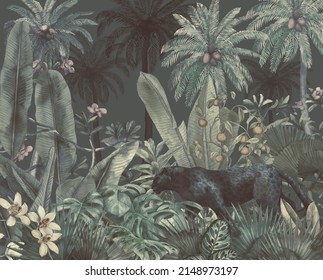 Tropical Illustration With Black Panther In The Jungle Painted In Watercolor. Background With Tropical Leaves And Wild Cat. Landscape With Palm Trees