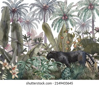 Tropical Illustration With Black Panther In The Jungle Painted In Watercolor. Background With Tropical Leaves And Wild Cat. Landscape With Palm Trees